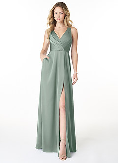 Azazie Nelly Robes à essayer chez vous Robe Trapèze en Satin extensible Col en V Plissé Agave image1