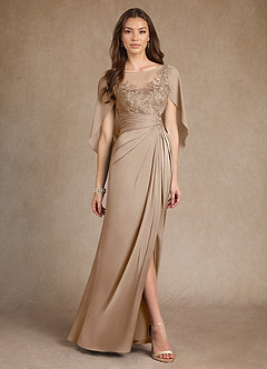 Azazie Hera Mother of the Bride Dresses Taupe A-Line Lace Stretch Satin Dress image4