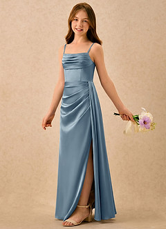 Azazie Shyla Girls Formal Sukienki dla dziewczynek sypiących kwiaty Osłona Pofałdowany Satyna elastyczna Długość podłogi Sukienka image1