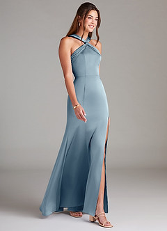 Azazie Rue Brautjungfernkleider A-Linie Plissee Stretch-Satin Kleid Staubblau image4