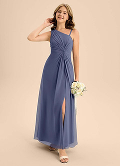 Azazie Brooke Junior Robe Trapèze en Mousseline de soie Fente Latérale Bleu Orageux image3