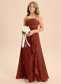 Azazie Kaylee Junior Terracotta A-Line with Belt Floral Burnout Dress image6