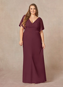 Azazie Alessa Mère de la mariée Robes Robe Trapèze en Mousseline de soie Col V plissé Cabernet image1