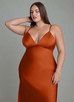 Azazie Stefania Vestidos de damas de honor Vestido Naranja Quemada de Satén Elástico de Línea A image13