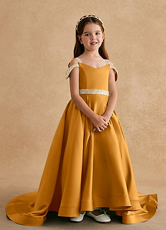 Azazie Jodi Robe Demoiselle D'honneur Fillette Robe Trapèze en Mat Satiné Caramel écossais image4