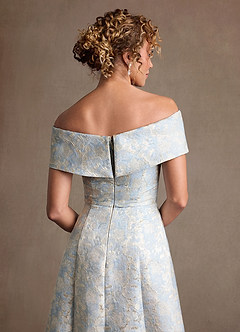 Azazie Harriett Mother of the Bride Dresses Dusty Blue A-Line Off the Shoulder Floral Jacquard Dress image6