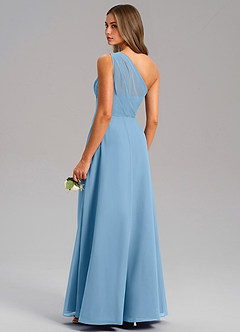 Azazie Phaedra Abiti da Damigella Abito A-Line in Chiffon Monospalla Blu Acciaio image15