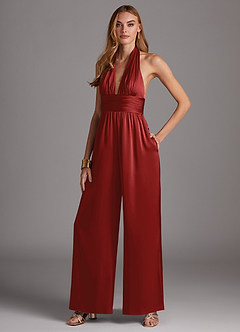 Azazie Oli Bridesmaid Dresses Pomegranate Pleated Stretch Satin Jumpsuit image1