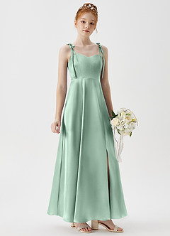 Azazie Rosey Junior A-Linie Herzausschnitt Metallischer Satin Kleid Agave image4