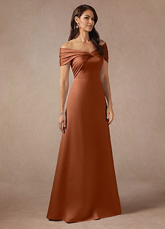 Azazie Amelia Mother of the Bride Dresses Copper A-Line Off the Shoulder Stretch Satin Dress image4
