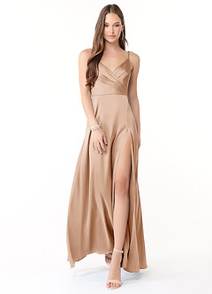 Azazie Dalilah Robes de demoiselle d'honneur Robe Trapèze en Satin extensible Col V plissé Rose Perle image1
