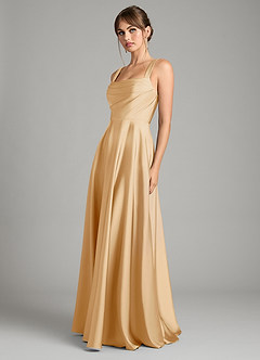 Azazie Shaude Vestidos de damas de honor Vestido de Oro de Satén Elástico de Corte en A con Plisado image11