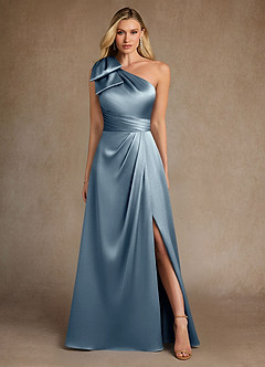 Azazie Easton vestidos de madre de la novia Vestido de Azul Polvoriento de Satén Elástico de Corte en A con Hombro unilateral image1