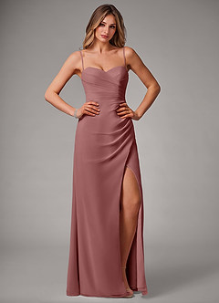 Azazie Haisley Robes de demoiselle d'honneur Robe Fourreau Convertible en Mousseline de soie Épaule décolletée Rose Du Désert image1