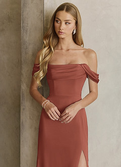 Azazie Saige Bridesmaid Dresses Auburn Sheath Off the Shoulder Stretch Satin Dress image2