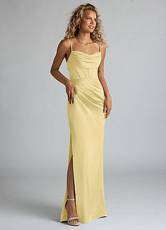 Azazie Mai Bridesmaid Dresses Lemon Sorbet Sheath Pleated Stretch Satin Dress image3