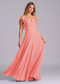 Azazie Leilani Bridesmaid Dresses Coral A-Line Pleated Chiffon Dress image3
