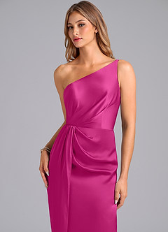 Azazie Naria Vestidos de damas de honor Vestido de Fucsia de Satén Elástico de Corte Recto con Hombro unilateral image7