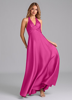 Azazie Tessie Bridesmaid Dresses Fuchsia A-Line Pleated Stretch Satin Dress image4