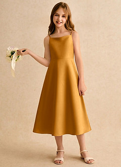 Azazie Jaella Girls Formal Blomsterpigekjoler A-Line Plisseret Mat satin Te-længde Kjole image2
