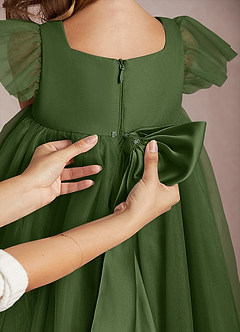 Azazie Kalio Robe Demoiselle D'honneur Fillette Robe Trapèze en Tulle avec manches Olive image4