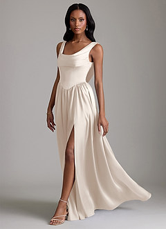 Azazie Novi Vestidos de damas de honor Vestido Alabastro Blanco de Satén Elástico de Línea A con con bolsillos image6