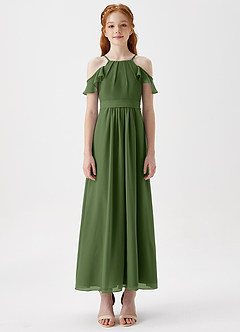 Azazie Chaya Junior Olive A-Line Off the Shoulder Chiffon Dress image3