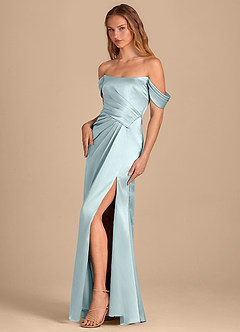Azazie Shea Bridesmaid Dresses Mist Mermaid Off the Shoulder Metallic Satin Convertible Dress image3