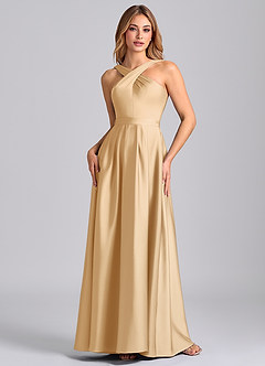 Azazie Dixie Suknie dla druhen Linia A Pofałdowany Satyna elastyczna Do ziemi Sukienka image4