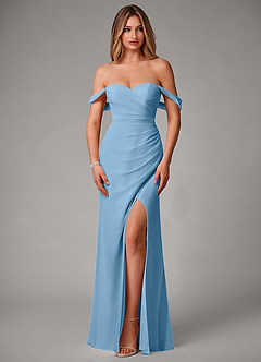 Azazie Haisley Bridesmaid Dresses Steel Blue Sheath Off the Shoulder Chiffon Convertible Dress image4