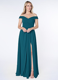 Azazie Audrianna Bridesmaid Dresses Ink Blue A-Line Off-The-Shoulder Gathered Chiffon Convertible Dress image1