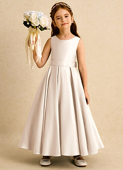 Azazie Mapel vestidos de niña de las flores Vestido de Alabastro Blanco de Satin Mate de Princesa con Plisado image4
