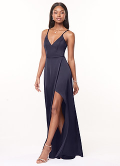 Azazie Maksim Bridesmaid Dresses Stormy A-Line V-Neck Stretch Satin Dress image4