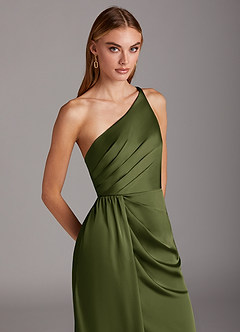 Azazie Mika Jurken voor bruidsmeisjes Jurk van Stretch Satijn met Kolom One-Shoulder Olijf image7