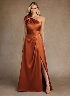 Azazie Easton Mère de la mariée Robes Robe Trapèze en Satin extensible Une épaule Cannelle image1