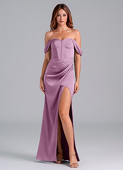Azazie Asha Bridesmaid Dresses Wisteria Sheath Off the Shoulder Stretch Satin Convertible Dress image1