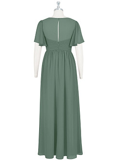 Azazie Verna At-home Try On Dresses A-Line V-Neck Ruched Chiffon Floor-Length Dress image8