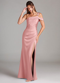 Azazie Wynter Vestidos de damas de honor Vestido de Rosa Empolvado de Satén Elástico de Corte Recto con Hombro unilateral image3