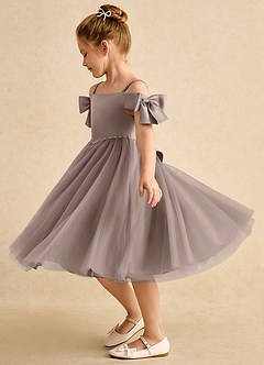 Azazie Amie Flower Girl Dresses Taupe A-Line Off the Shoulder Matte Satin Dress image4
