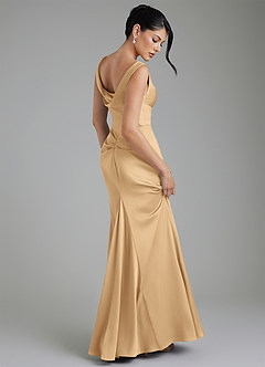 Azazie Spencer Bridesmaid Dresses Gold Mermaid Pleated Stretch Satin Dress image2