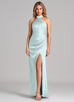 Azazie Karlotta Bridesmaid Dresses Sea Glass Sheath Pleated Stretch Satin Dress image1