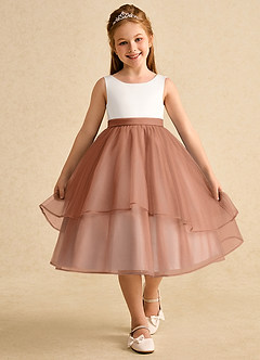 Azazie Rene Flower Girl Dresses Ivory Bronzer A-Line Bow Tulle Dress image4