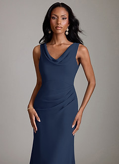 Azazie Linelle Robes de demoiselle d'honneur Robe Sirène en Mousseline de soie Plissée Bleu Marine Foncé image3