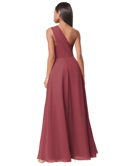 Azazie Ashley Vestidos de damas de honor Vestido de Merlot de Gasa de Corte en A con Volante image4