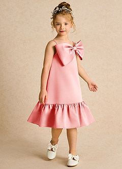 Azazie Kiwi Blumenmädchenkleider A-Linie Spaghetti Riemen Matte Satin Kleid Koralle image3