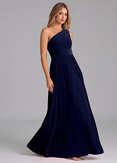 Azazie Dallas Jurken voor bruidsmeisjes Jurk van flueel met A-Lijn One-Shoulder Donkere Marine image5