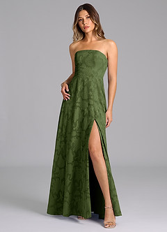 Azazie Wren Abiti da Damigella Abito A-Line in Burnout Floreale Senza Cinturino Oliva image3