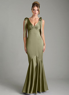 Azazie Alena Vestidos de damas de honor Vestido de Pistacho de Satén Elástico de Corte Sirena con Plisado image1