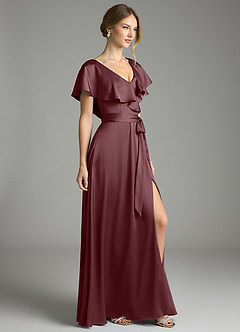 Azazie Lainey Bridesmaid Dresses Sangria A-Line with Pockets Stretch Satin Dress image5