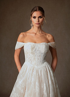 Azazie Justice Wedding Dresses Diamond White Champagne Ball-Gown Off the Shoulder Lace Dress image8